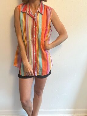 American Vintage Multicolor Striped Sleeveless Button-Up Tank - Orange Accents
